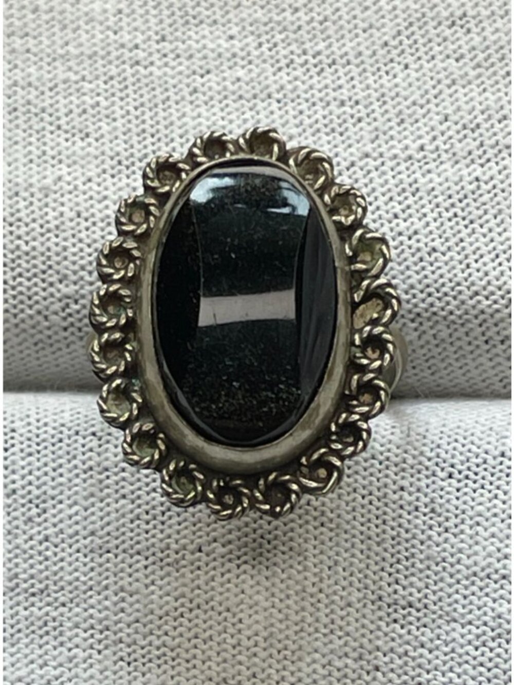 Vintage Mexican Alpaca Faceted Black Onyx Looped Filigree Statement Ring Size 8